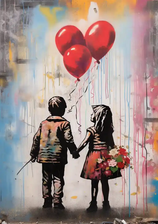 Twee kinderen hand in hand met rode hartballonnen canvas schilderij in rood en grijs