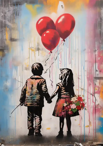 Zwei Kinder Hand in Hand Rote Herzballons Streetart Gemälde