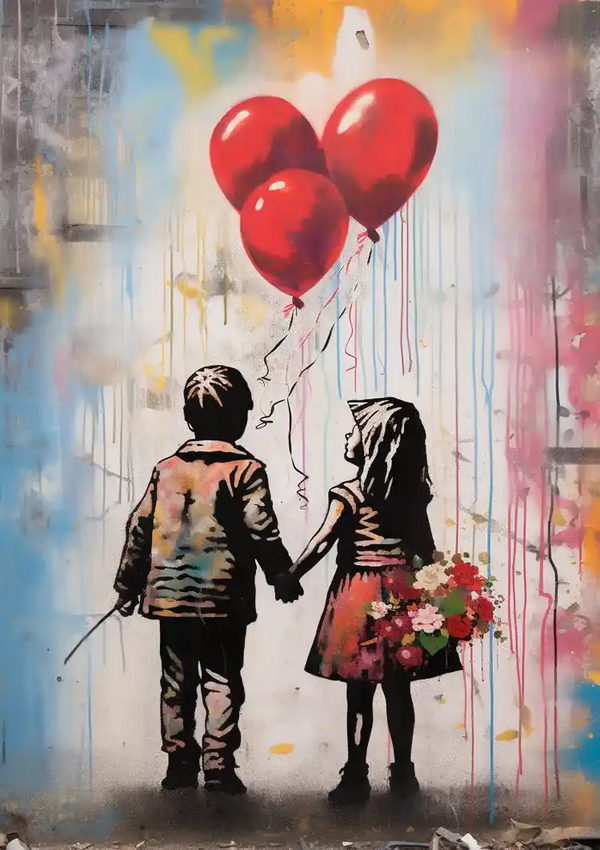Zwei Kinder Hand in Hand Rote Herzballons Streetart Gemälde