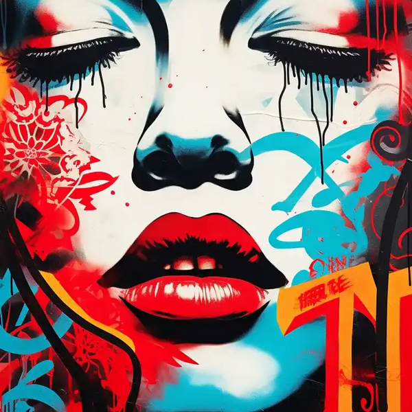 Frauengesicht mit roten Lippen und blauen Tönen Pop-Art Gemälde