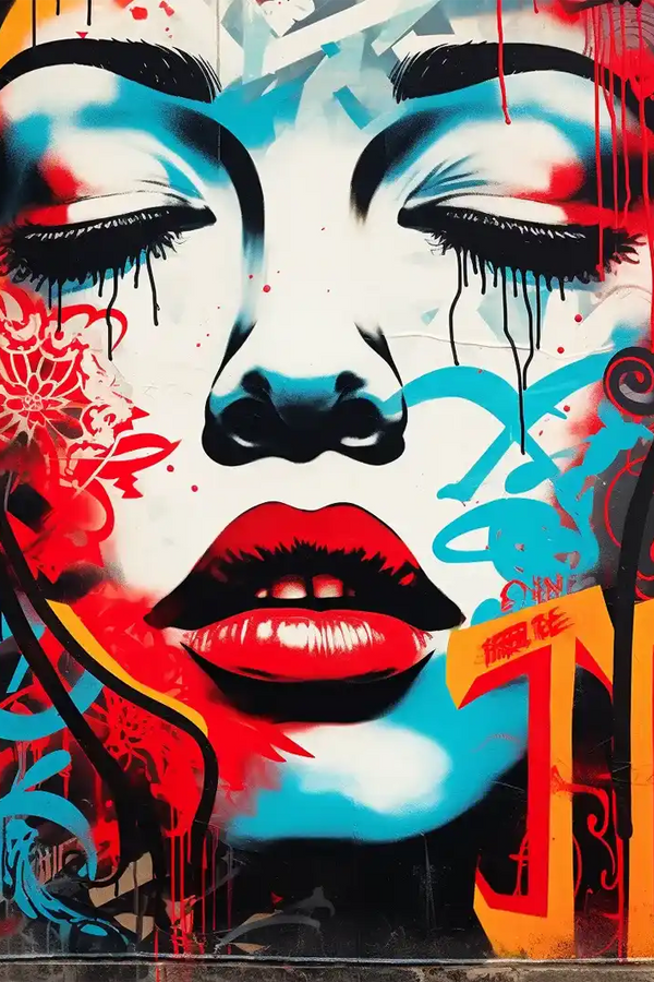 Frauengesicht mit roten Lippen und blauen Tönen Pop-Art Gemälde