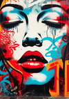 Female Face Red Lips Blue Tones Graffiti Pop Art Canvas Print Wall Art