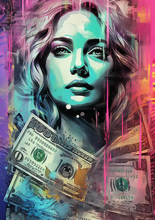 Vrouw met dollarbiljetten canvas schilderij in paarse en turquoise tinten