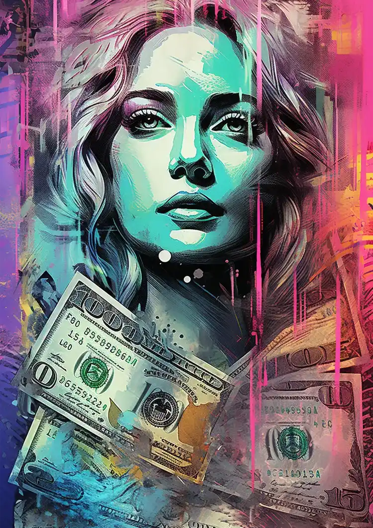 Woman with Dollar Bills Colourful Pop Art Canvas Print Wall Art