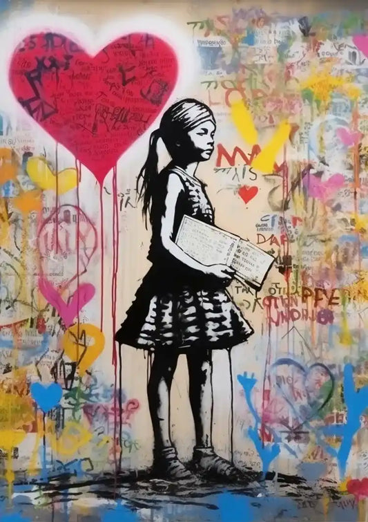 Girl with Letter Red Heart Colorful Graffiti Street Art Painting