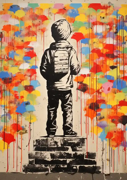 Kind met rugzak canvas schilderij in kleurrijke tinten, street art stijl.