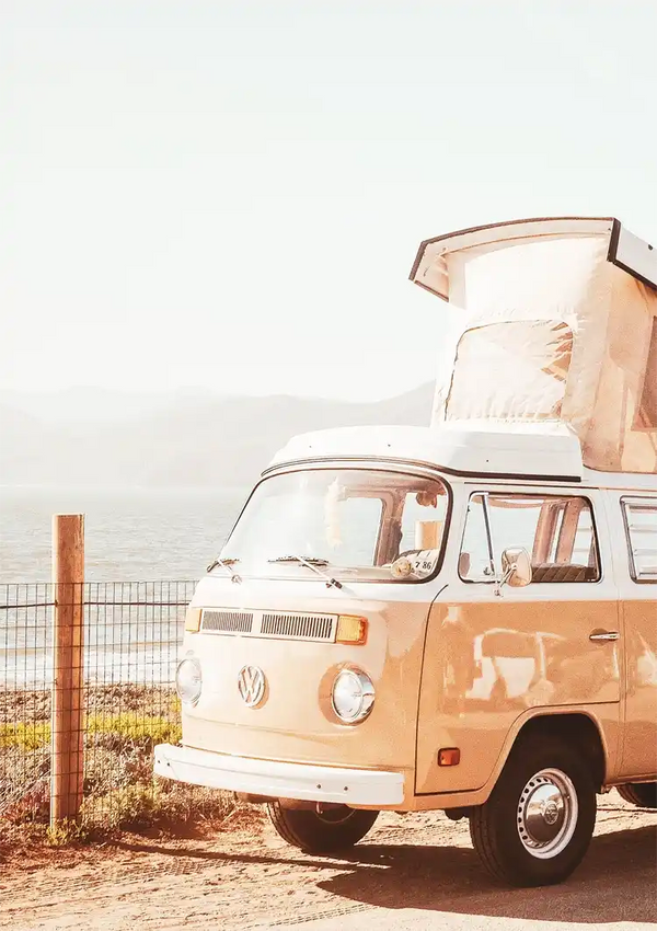 Vintage Volkswagen Bus Strand Sonnenuntergang Sommer Gemälde