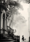 Woman on Bicycle by Church Black and White Misty Street Scene Painting