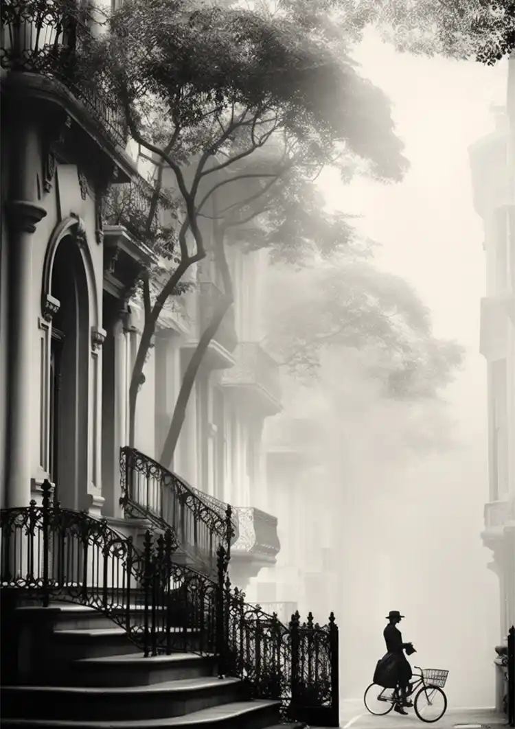 Woman on Bicycle by Church Black and White Misty Street Scene Painting