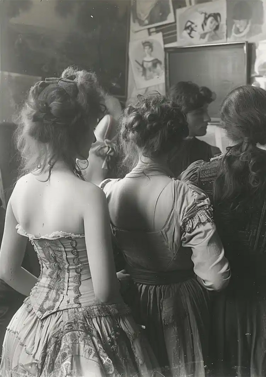 Vintage Ladies in a Row Black and White Elegant Retro Painting