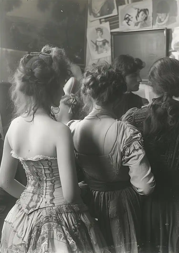 Victorian Ladies in a Row Vintage Black and White Painting