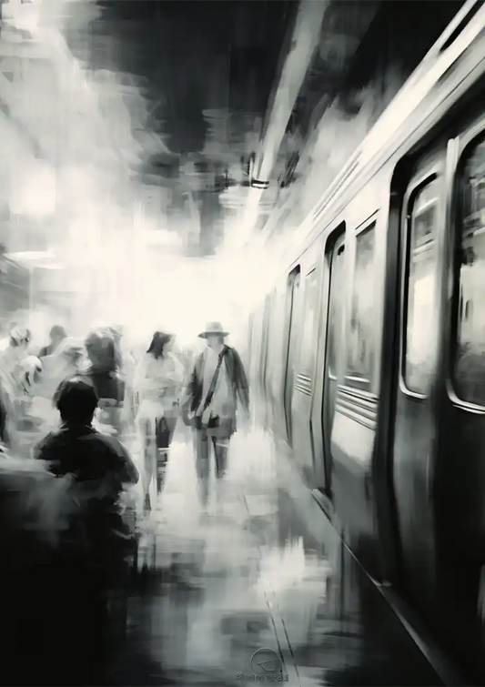 Mistig metrostation met reizigers canvas schilderij in dromerig zwart-wit