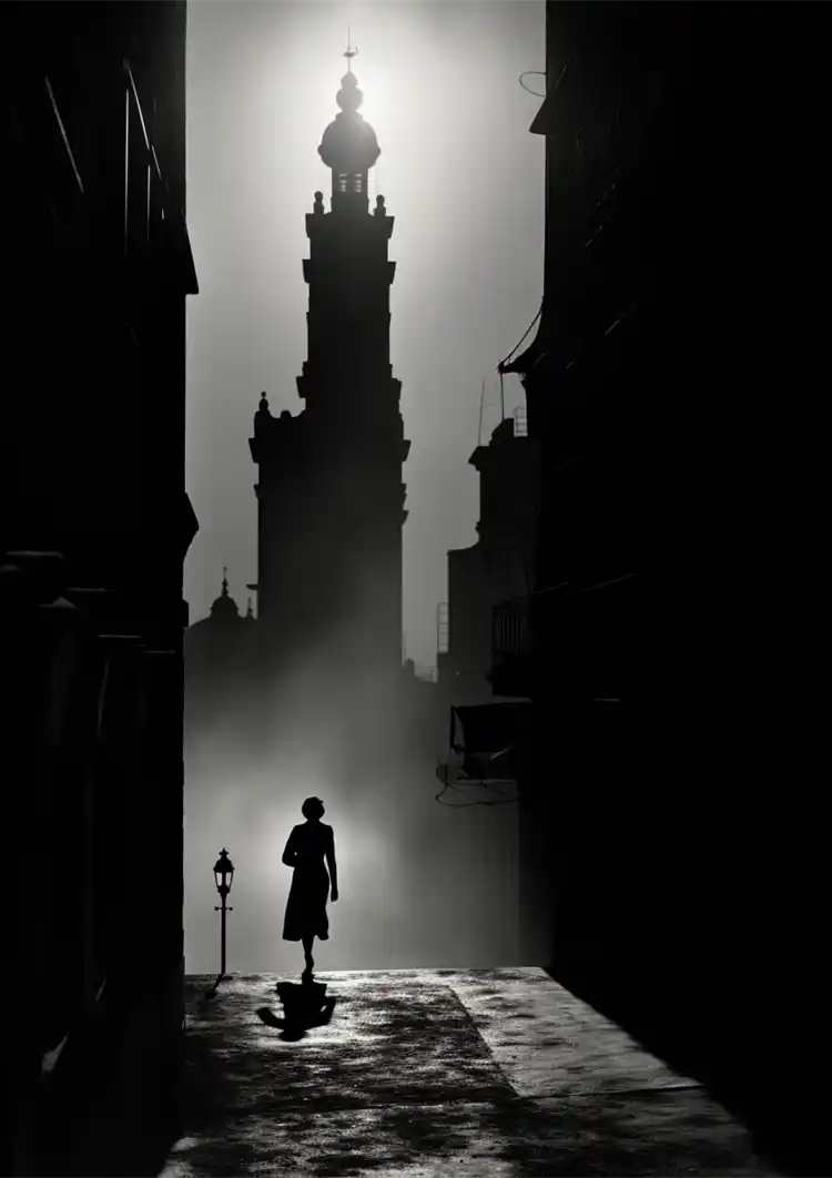 Silhouette in Gotischer Gasse am Kirchturm Schwarz Weiß Gemälde