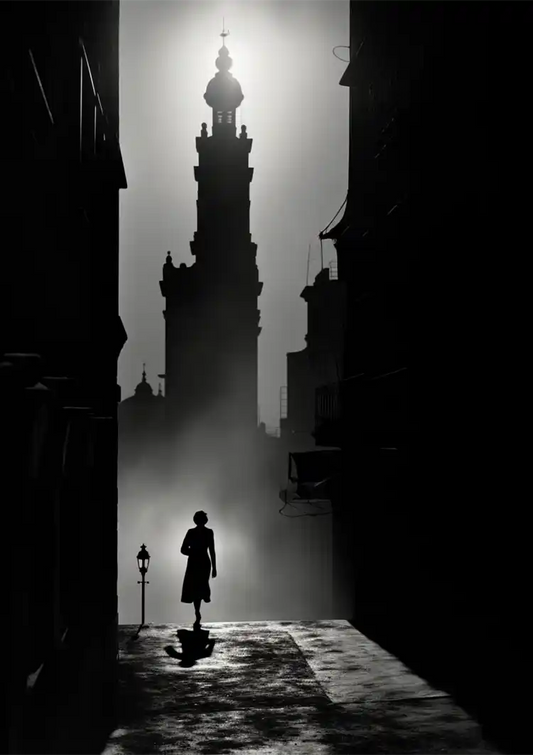 Silhouet in Gotische Steeg bij Kerktoren Zwart Wit Schilderij