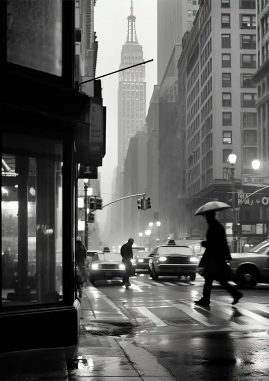 Regenachtige straat in New York canvas schilderij met het Empire State Building in zwart-wit