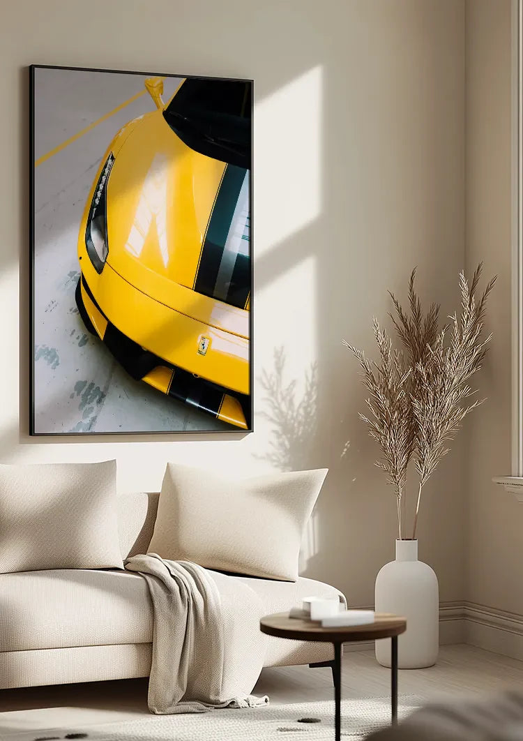 Gelber Ferrari 488 Pista Draufsicht Sportwagen Gemälde