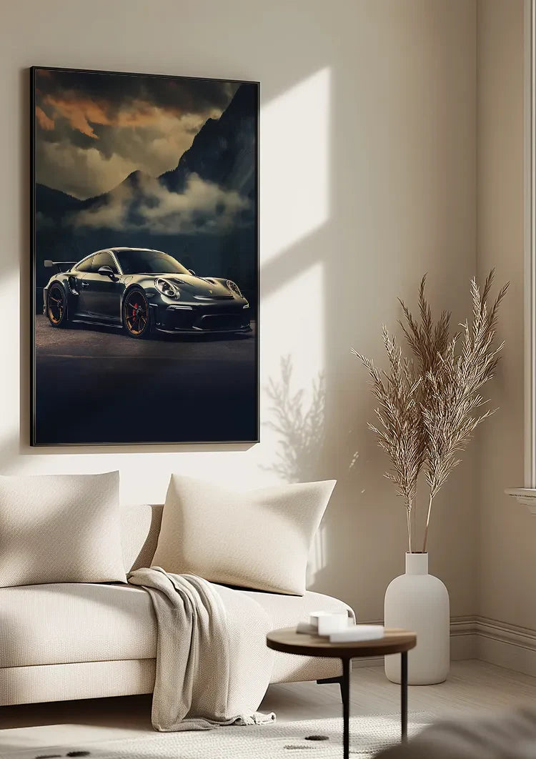 Dark Porsche GT3 RS Dramatic Mountain Landscape Cloudy Sky Painting