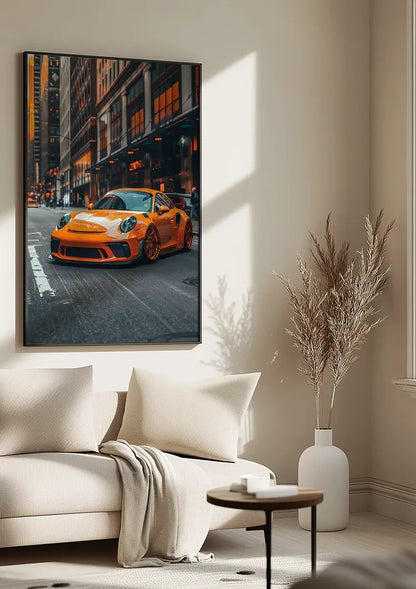 Oranje Porsche Sportwagen Stad Avond Oranje Lichten Luxe Auto Kunst Schilderij