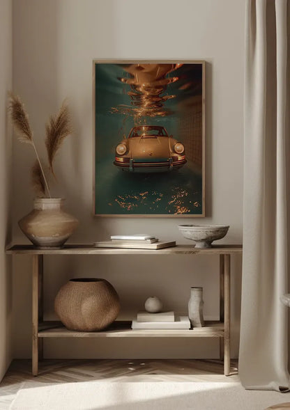Klassieke Porsche Onder Water Turquoise Zwembad Surrealistisch Schilderij