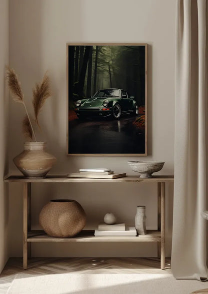 Dunkelgrüner Porsche 911 Nebliger Wald Nasse Forststraße Gemälde