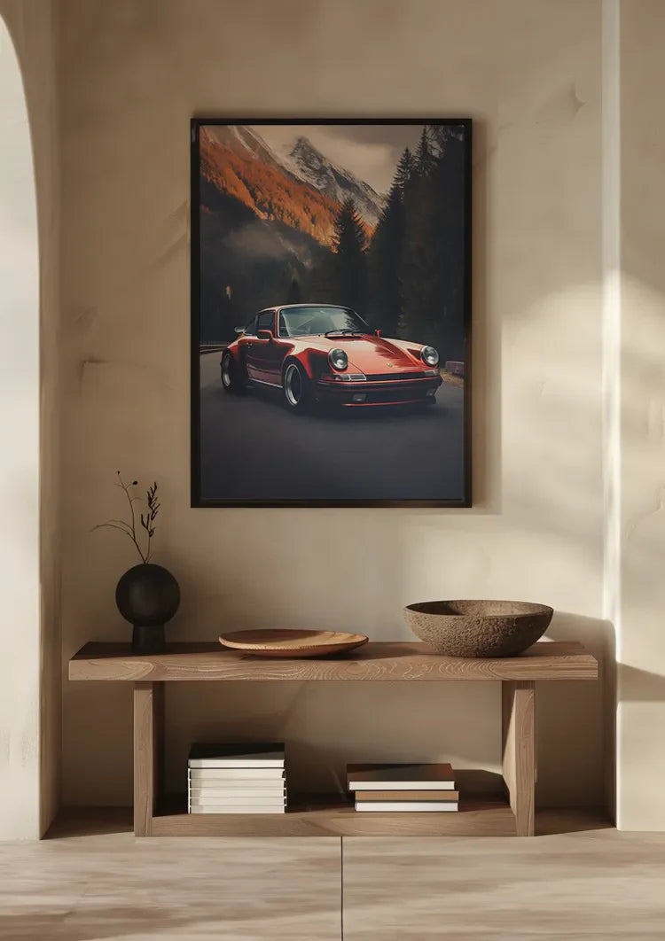 Rode Porsche 911 Turbo Berglandschap Herfsttinten Schilderij