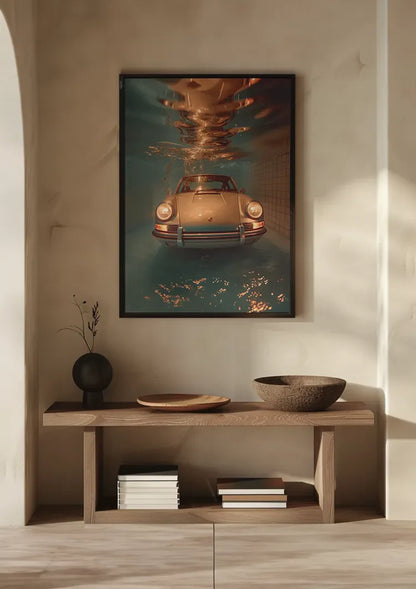 Klassieke Porsche Onder Water Turquoise Zwembad Surrealistisch Schilderij