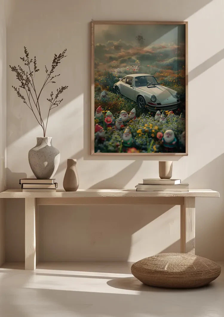 White Porsche 911 Flower Meadow Gnomes Dreamy Mist Painting