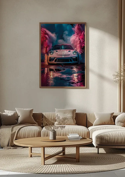 White Porsche GT3 RS Colorful Pink Blue Smoke Clouds Surreal Painting