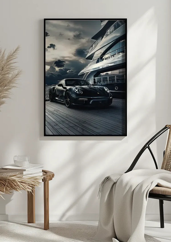 Black Porsche 911 at Yacht Luxury Harbor Dramatic Sky Painting