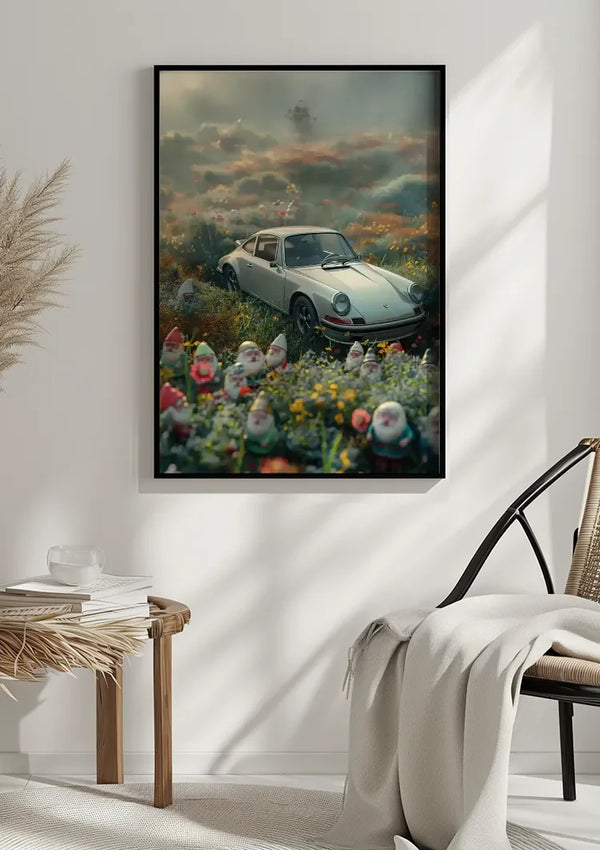 Vintage Porsche Blumenfeld Wichtel Neblig Verträumt Farbenfroh Kunst Gemälde