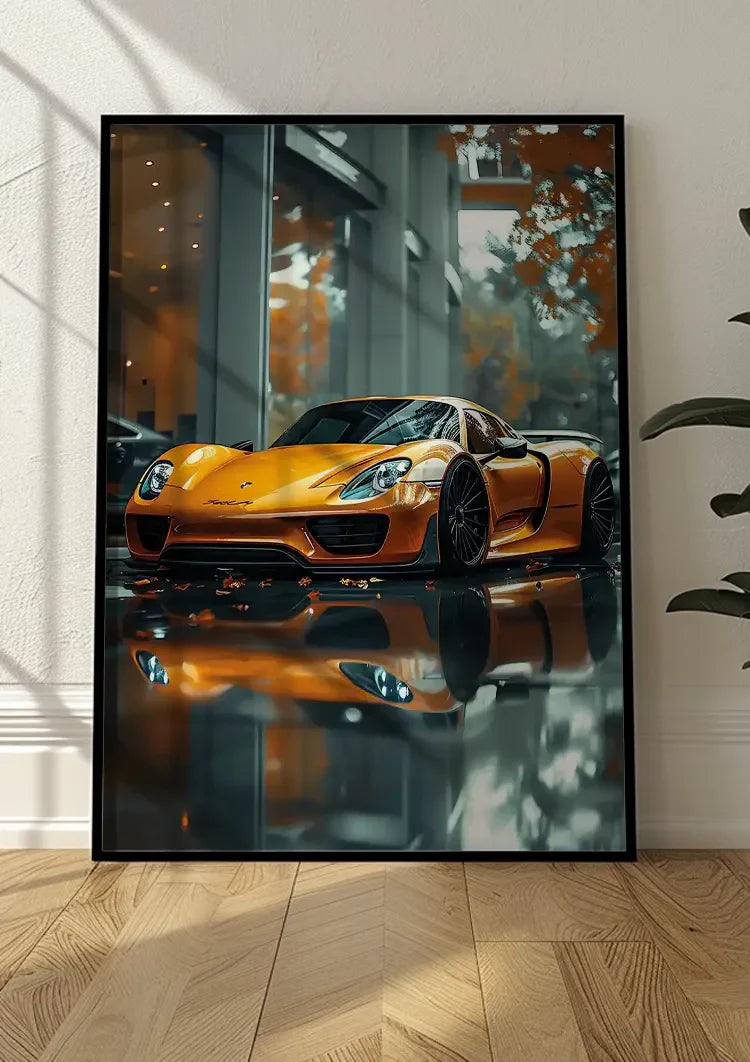 Orange Porsche 918 Spyder Showroom Glossy Floor Painting
