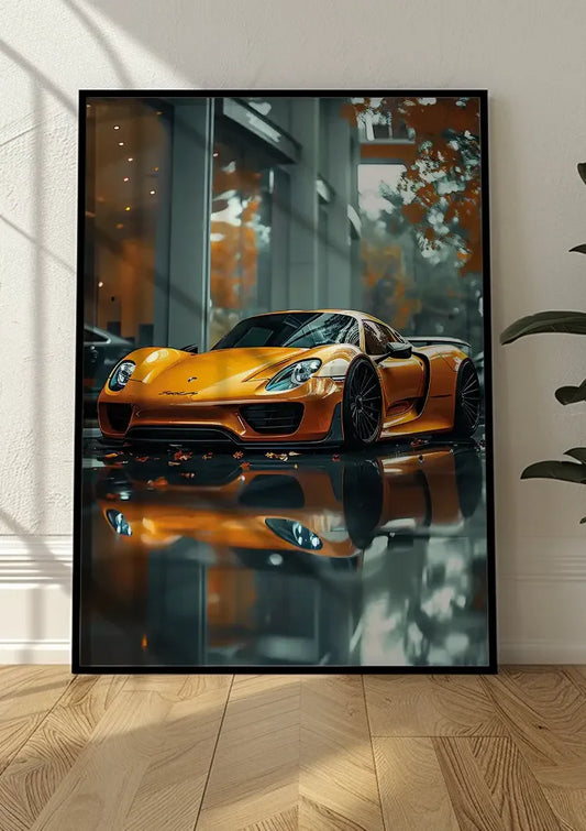 Oranje Porsche 918 Spyder Showroom Glanzend Vloer Canvas Schilderij