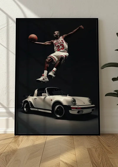Basketballspieler Slam Dunk über weißem Porsche Cabrio Schwarz-Weiß Leinwandbild