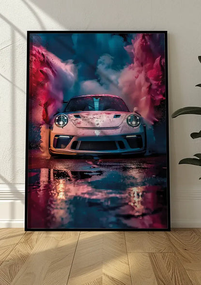 White Porsche GT3 RS Colorful Pink Blue Smoke Clouds Surreal Painting