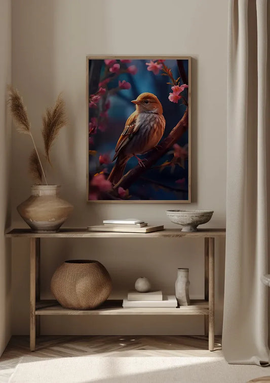 Vogeltje roze bloesem canvas schilderij aan de muur in de hal