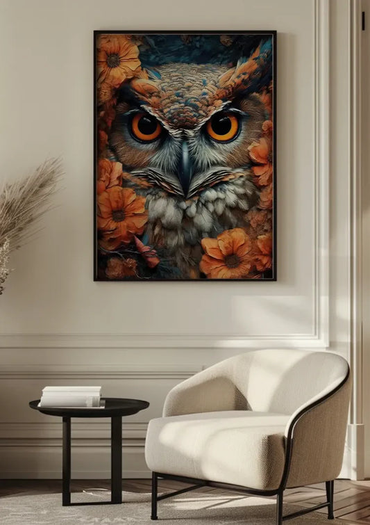 Uil met oranje ogen canvas schilderij aan de muur boven het bed in de slaapkamer