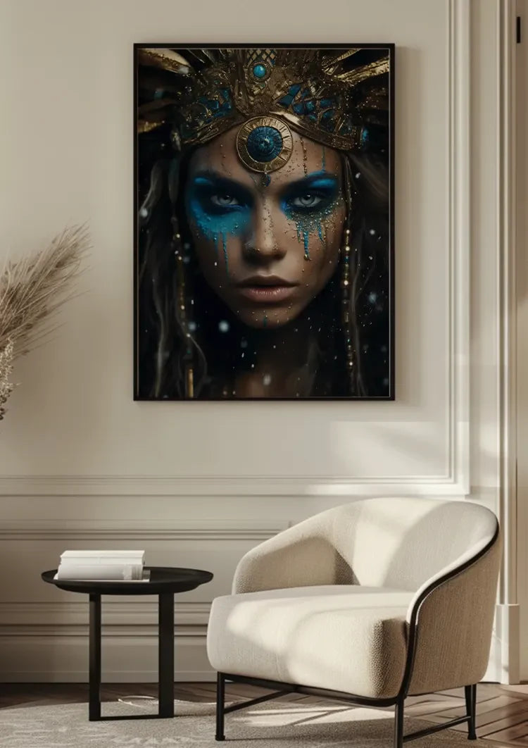 Warrior Blue Gold Headdress Dramatic Portrait Painting