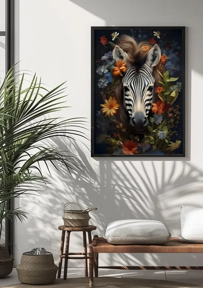 Zebra Porträt Bunte Blumen Dunkler Hintergrund Gemälde