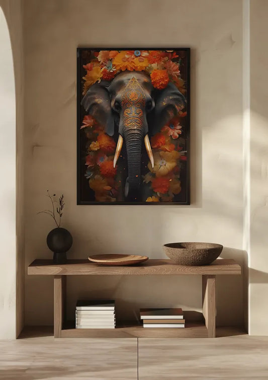 Geschmückter Elefant Bunte Blumen Orange Blau Dekoratives Gemälde