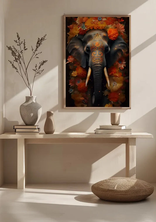 Versierde olifant canvas schilderij aan de muur in de hal