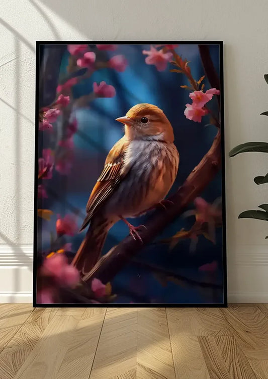 Vogeltje roze bloesem canvas schilderij aan de muur boven het bed in de slaapkamer