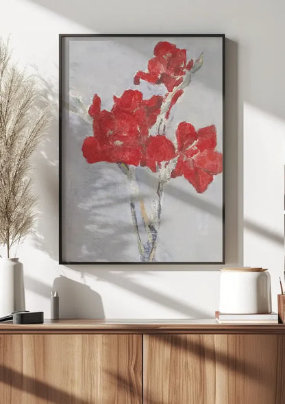 Rote Blumen mit expressiven Pinselstrichen auf hellgrauem Hintergrund Gemälde