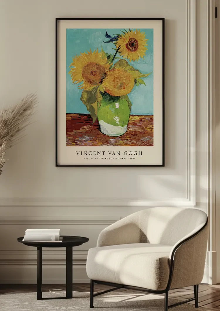 Van Gogh Zonnebloemen Groene Vaas Blauwe Achtergrond Schilderij