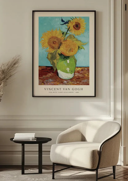 Van Gogh Zonnebloemen Groene Vaas Blauwe Achtergrond Schilderij