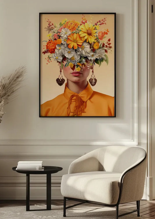 Vrouw met bloemenkroon canvas schilderij aan de muur boven de bank in de hal