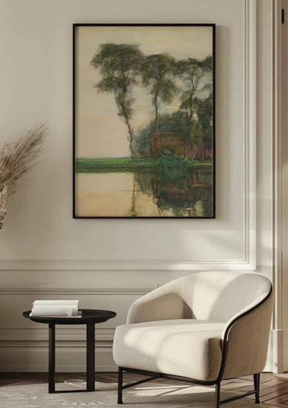 Serene Bomenlandschap met Weerspiegeling in Rustig Water Schilderij