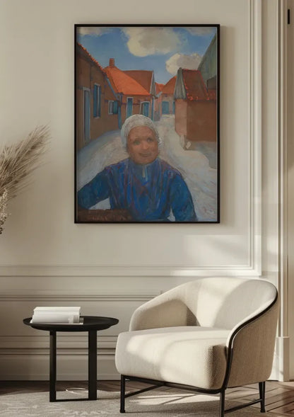 Elderly Woman in Village Street Red Roofs Blue Sky Painting