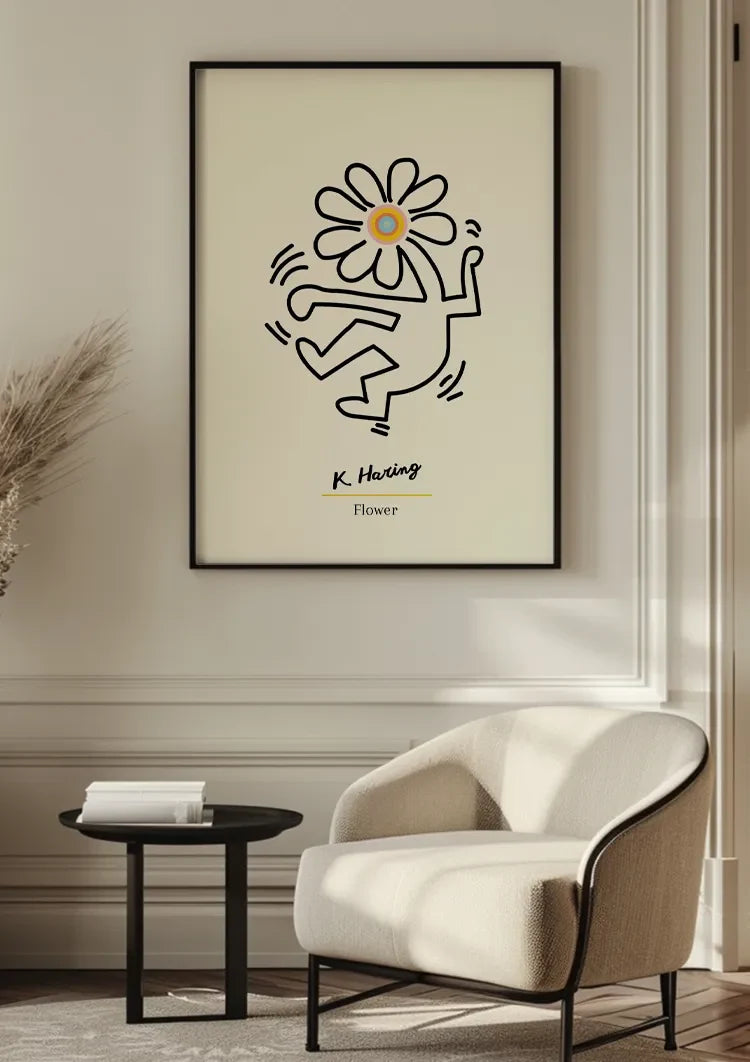 Figur mit Blumenkopf Schwarze Strichzeichnung Minimalistisches Gemälde