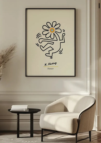 Figur mit Blumenkopf Schwarze Strichzeichnung Minimalistisches Gemälde