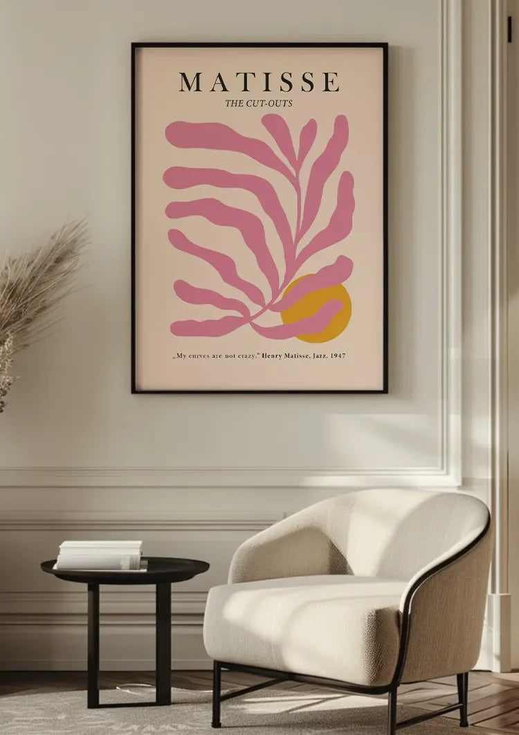Matisse Rosa Blättermotiv Gelber Kreis Abstrakt Organisches Kunstgemälde